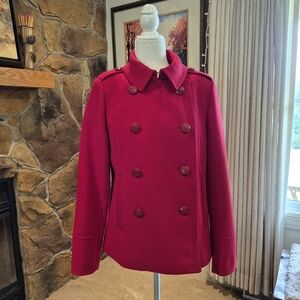 JCPenney Red Wool Pea Coat Womens Size Medium, 55% Wool Shell